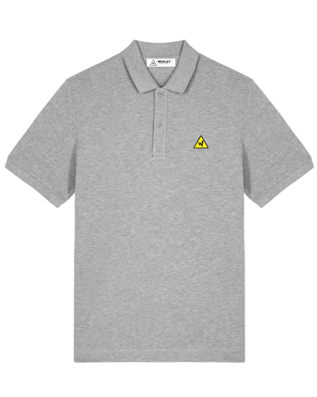 Gray polo shirt with a yellow warning triangle logo on a white background