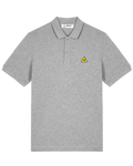 Gray polo shirt with a yellow warning triangle logo on a white background