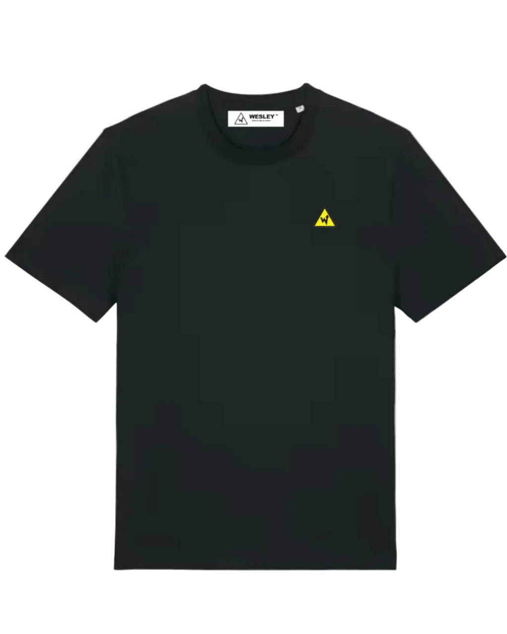Black t-shirt with a yellow triangle logo