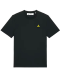 Black t-shirt with a yellow triangle logo