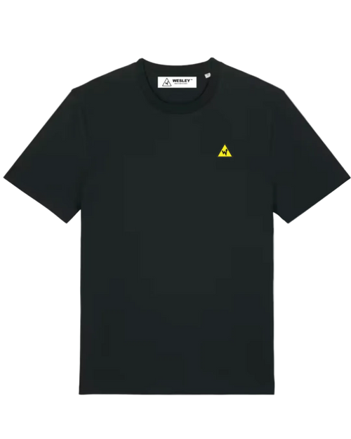 Black t-shirt with a yellow triangle logo