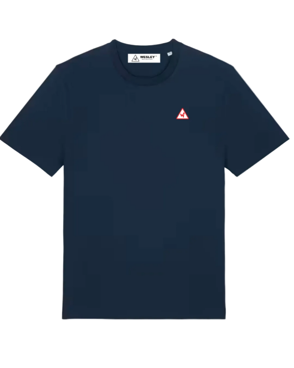 Navy blue t-shirt with a red and white logo