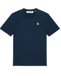 Navy blue t-shirt with a red and white logo
