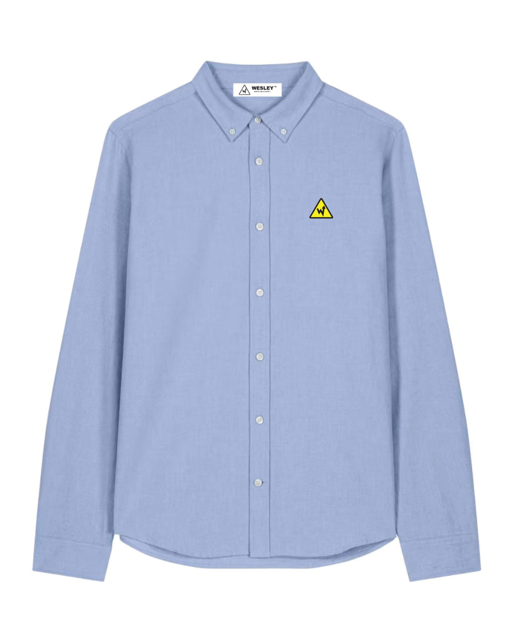 Light blue shirt with a yellow triangle logo on a white background
