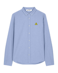 Light blue shirt with a yellow triangle logo on a white background
