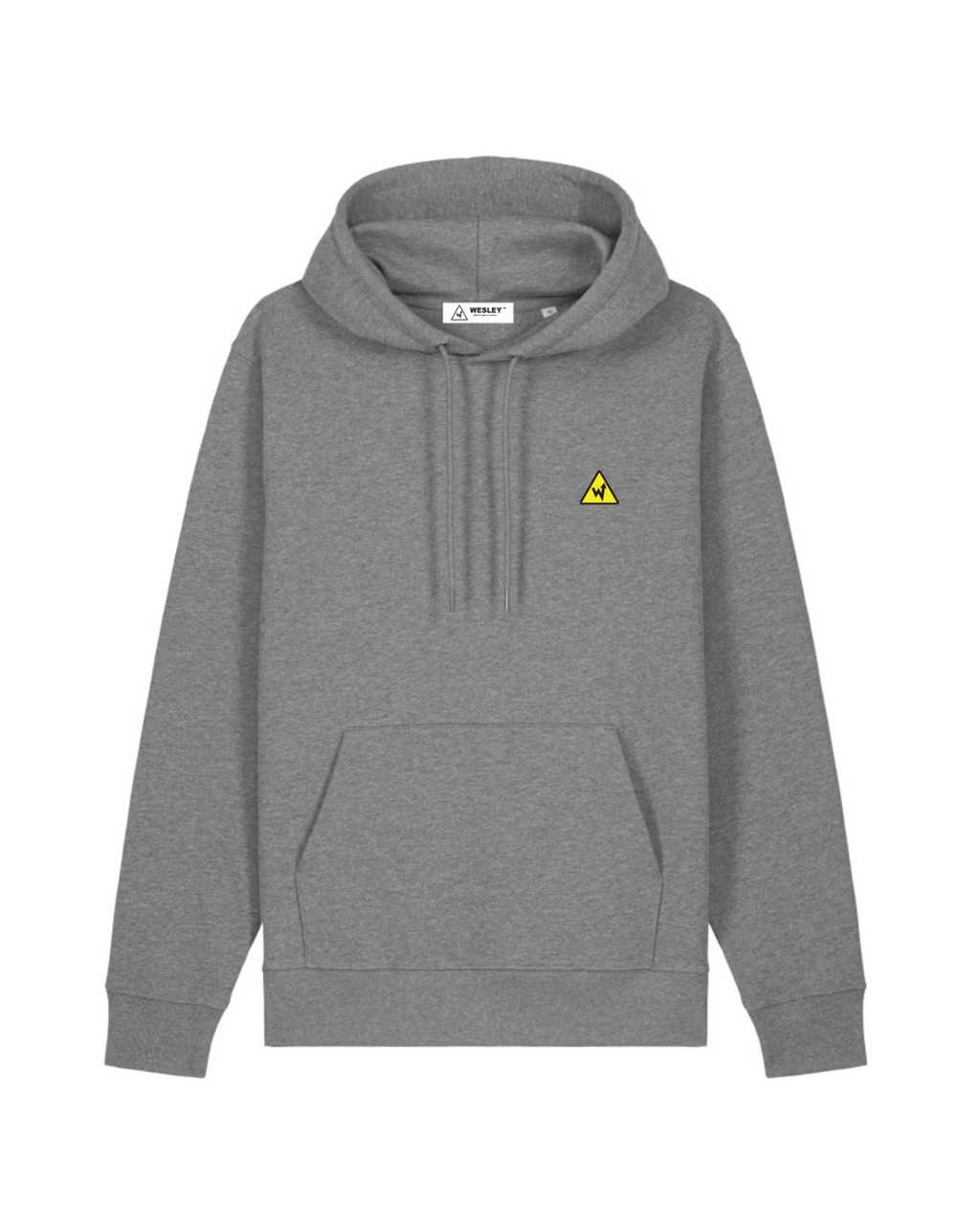 Grey hoodie with a small yellow logo