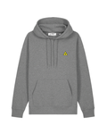 Grey hoodie with a small yellow logo