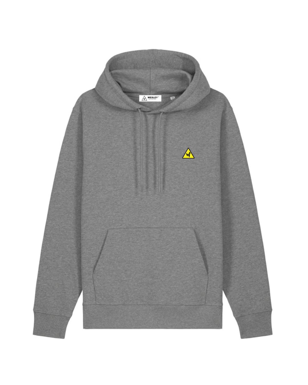 Grey hoodie with a small yellow logo